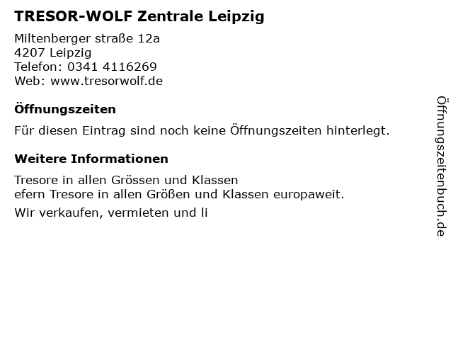 TRESOR-WOLF Zentrale Leipzig in Leipzig: Adresse und Öffnungszeiten