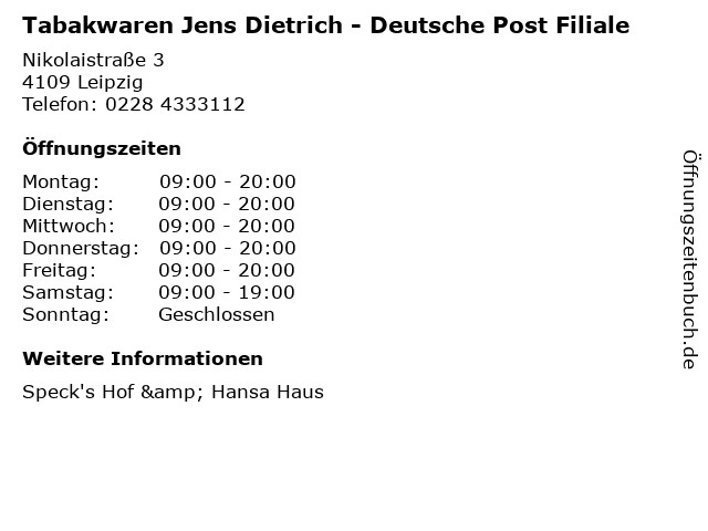 Tabakwaren Jens Dietrich - Deutsche Post Filiale in Leipzig: Adresse und Öffnungszeiten