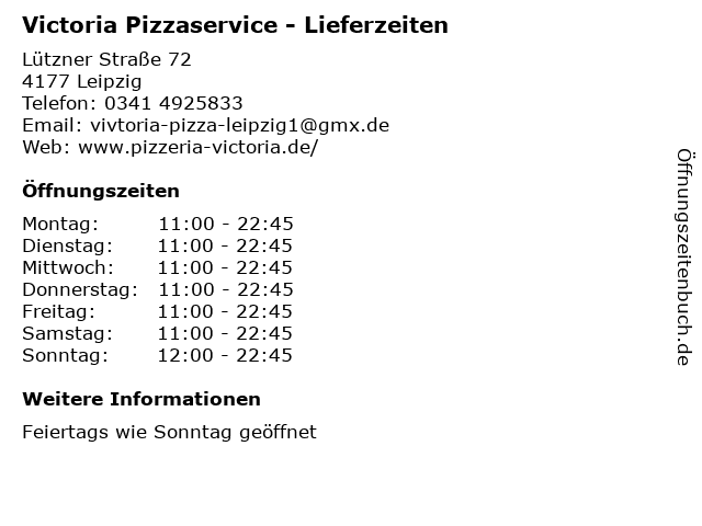 Victoria Pizzaservice - Lieferzeiten in Leipzig: Adresse und Öffnungszeiten