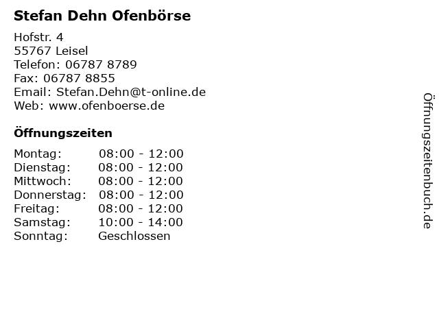 Stefan Dehn Ofenbörse in Leisel: Adresse und Öffnungszeiten