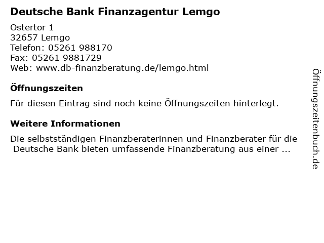 ᐅ Offnungszeiten Finanzagentur Fur Die Deutsche Bank