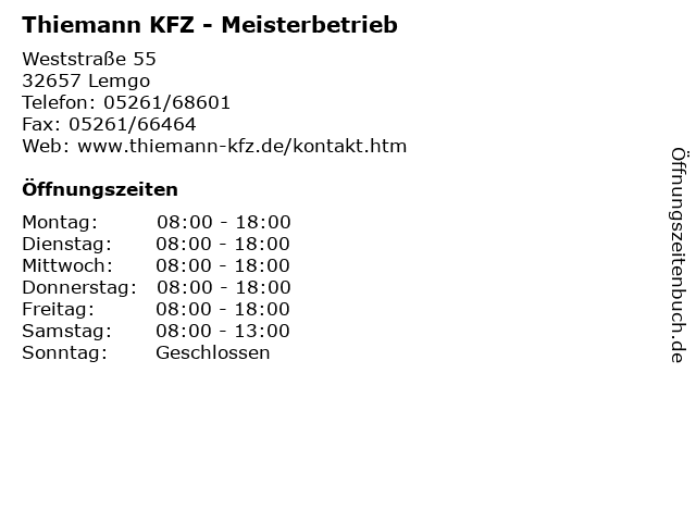 Thiemann KFZ - Meisterbetrieb in Lemgo: Adresse und Öffnungszeiten