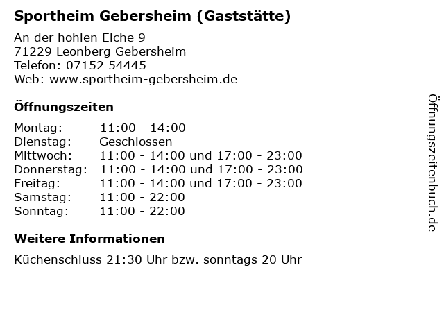 Sportheim Gebersheim (Gaststätte) in Leonberg Gebersheim: Adresse und Öffnungszeiten