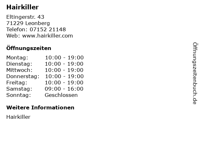 Hairkiller in Leonberg: Adresse und Öffnungszeiten