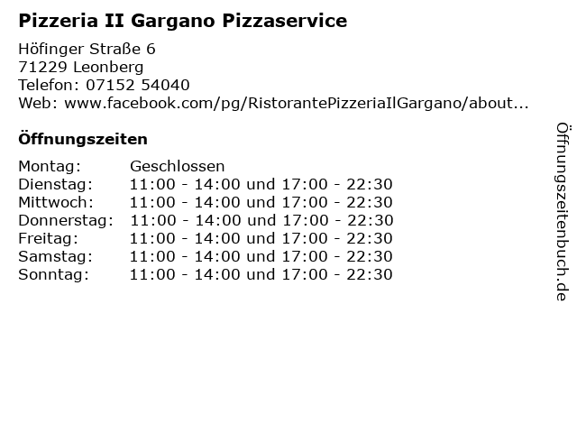 Pizzeria II Gargano Pizzaservice in Leonberg: Adresse und Öffnungszeiten