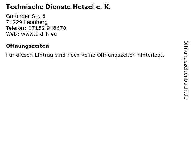 Technische Dienste Hetzel e. K. in Leonberg: Adresse und Öffnungszeiten