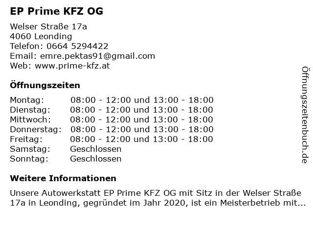 EP Prime KFZ OG in Leonding: Adresse und Öffnungszeiten