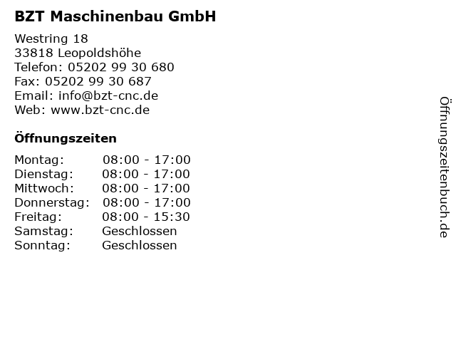 BZT Maschinenbau GmbH in Leopoldshöhe: Adresse und Öffnungszeiten