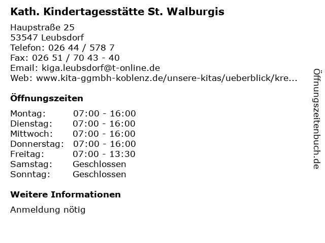 Kath. Kindertagesstätte St. Walburgis in Leubsdorf: Adresse und Öffnungszeiten