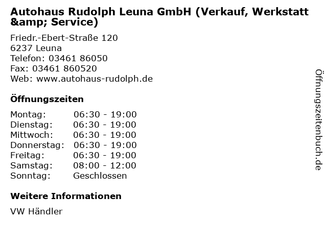 Autohaus Rudolph Leuna GmbH (Verkauf, Werkstatt & Service) in Leuna: Adresse und Öffnungszeiten