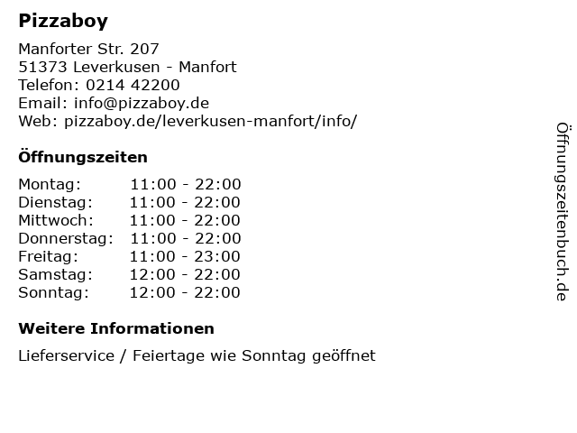 Pizzaboy in Leverkusen - Manfort: Adresse und Öffnungszeiten