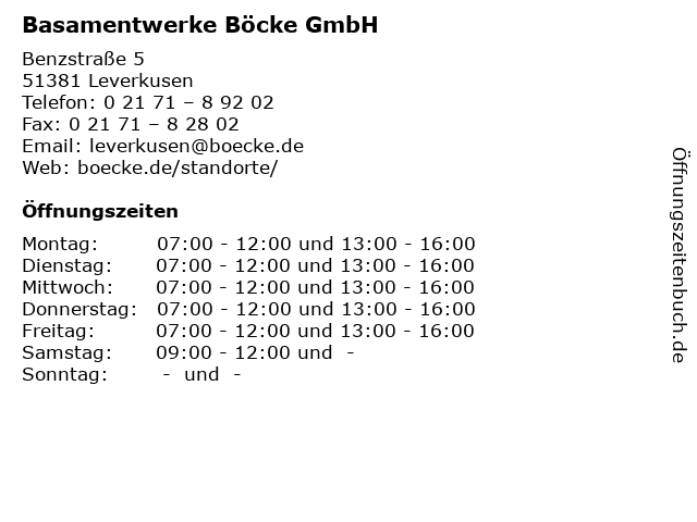 Basamentwerke Böcke GmbH in Leverkusen: Adresse und Öffnungszeiten