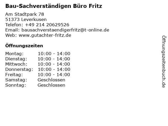Bau-Sachverständigen Büro Fritz in Leverkusen: Adresse und Öffnungszeiten