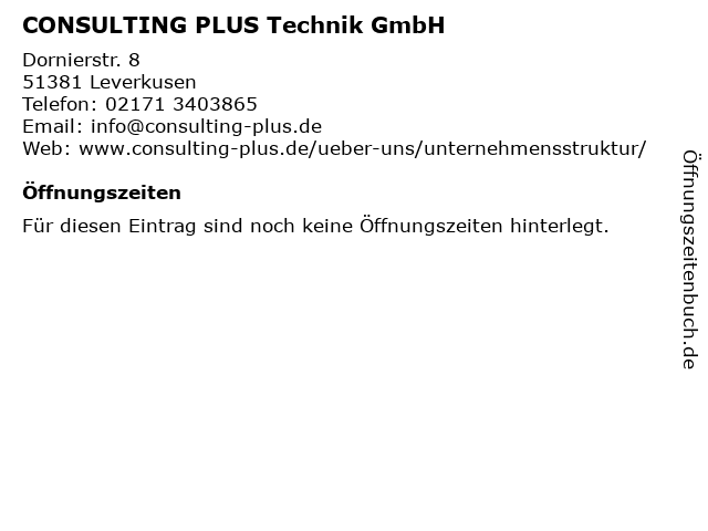 CONSULTING PLUS Technik GmbH in Leverkusen: Adresse und Öffnungszeiten
