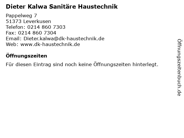 Dieter Kalwa Sanitäre Haustechnik in Leverkusen: Adresse und Öffnungszeiten