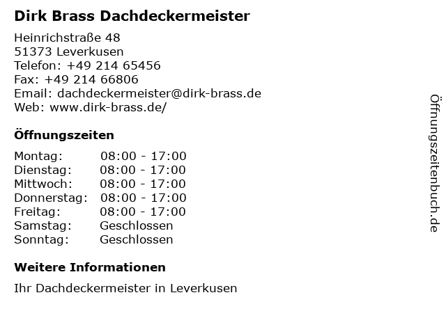 Dirk Brass Dachdeckermeister in Leverkusen: Adresse und Öffnungszeiten
