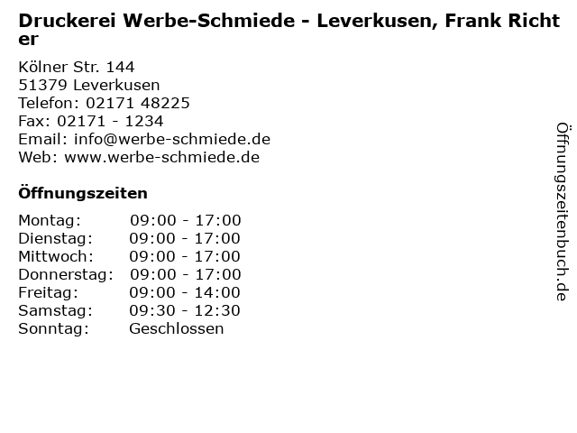 Druckerei Werbe-Schmiede - Leverkusen, Frank Richter in Leverkusen: Adresse und Öffnungszeiten