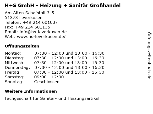 H+S GmbH - Heizung + Sanitär Großhandel in Leverkusen: Adresse und Öffnungszeiten