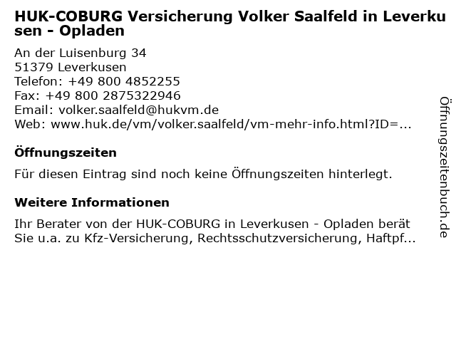 HUK-COBURG Versicherung Volker Saalfeld in Leverkusen - Opladen in Leverkusen: Adresse und Öffnungszeiten