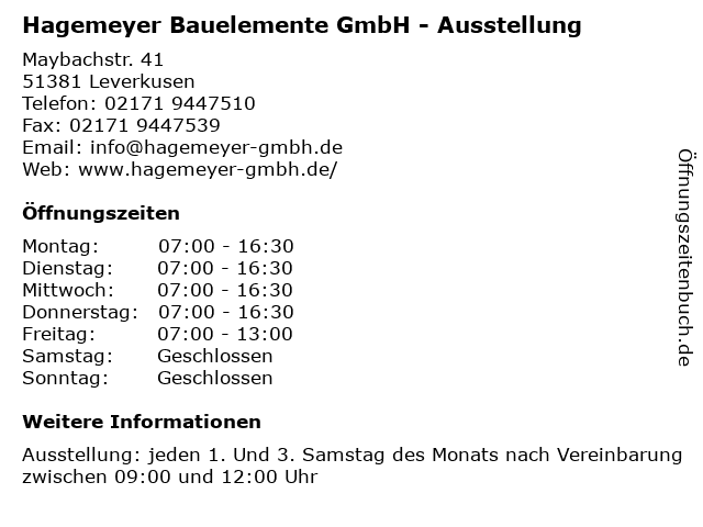 Hagemeyer Bauelemente GmbH - Ausstellung in Leverkusen: Adresse und Öffnungszeiten