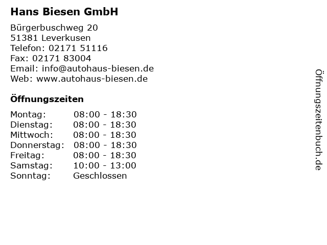 Hans Biesen GmbH in Leverkusen: Adresse und Öffnungszeiten