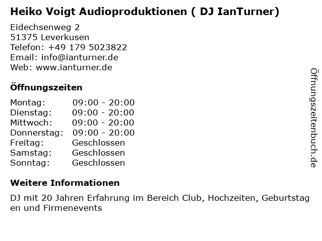 Heiko Voigt Audioproduktionen ( DJ IanTurner) in Leverkusen: Adresse und Öffnungszeiten