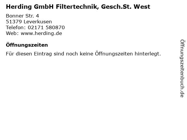 Herding GmbH Filtertechnik, Gesch.St. West in Leverkusen: Adresse und Öffnungszeiten