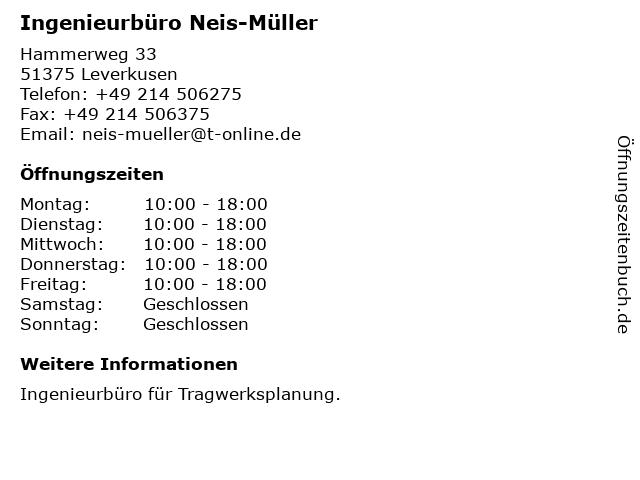 Ingenieurbüro Neis-Müller in Leverkusen: Adresse und Öffnungszeiten