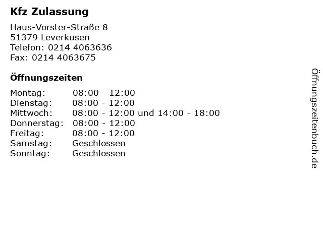 Kfz Zulassung in Leverkusen: Adresse und Öffnungszeiten