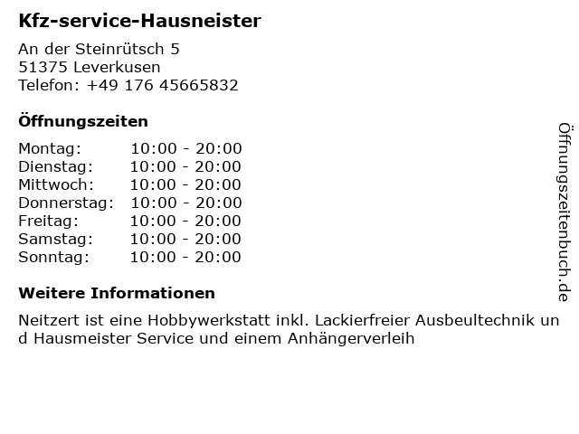 Kfz-service-Hausneister in Leverkusen: Adresse und Öffnungszeiten