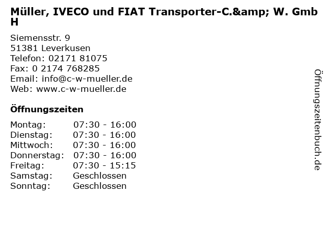 Müller, IVECO und FIAT Transporter-C.& W. GmbH in Leverkusen: Adresse und Öffnungszeiten