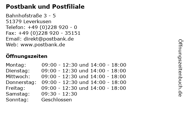 Postbank und Postfiliale in Leverkusen: Adresse und Öffnungszeiten