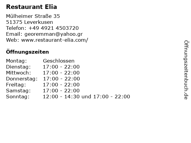Restaurant Elia in Leverkusen: Adresse und Öffnungszeiten