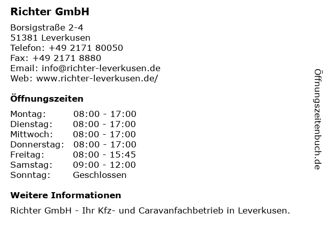 Richter GmbH Kfz- und Caravanwerkstatt in Leverkusen: Adresse und Öffnungszeiten