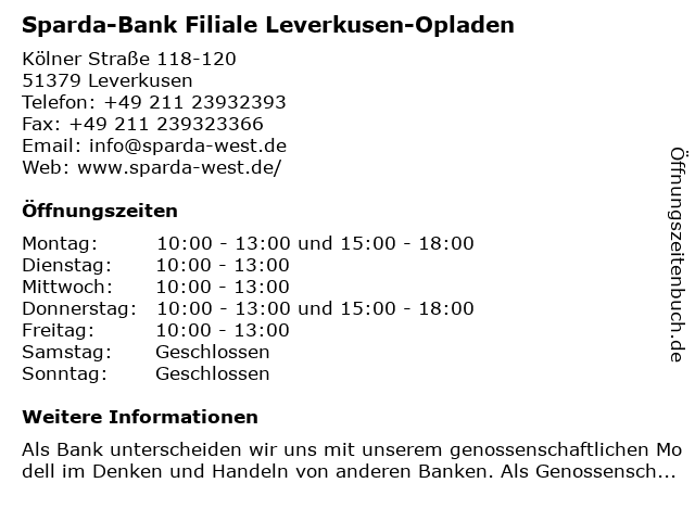 ᐅ Offnungszeiten Sparda Bank Filiale Leverkusen Opladen