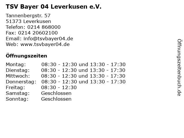 TSV Bayer 04 Leverkusen e.V. in Leverkusen: Adresse und Öffnungszeiten