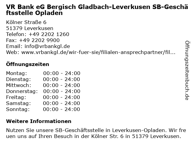 VR Bank eG Bergisch Gladbach-Leverkusen SB-Geschäftsstelle Opladen in Leverkusen: Adresse und Öffnungszeiten