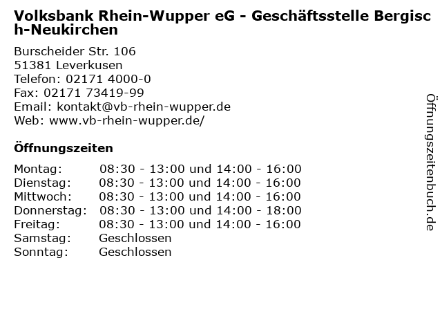 Volksbank Rhein-Wupper eG - Geschäftsstelle Bergisch-Neukirchen in Leverkusen: Adresse und Öffnungszeiten