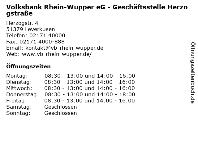 Volksbank Rhein-Wupper eG - Geschäftsstelle Herzogstraße in Leverkusen: Adresse und Öffnungszeiten