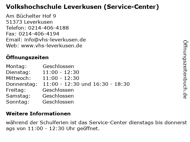 Volkshochschule Leverkusen (Service-Center) in Leverkusen: Adresse und Öffnungszeiten