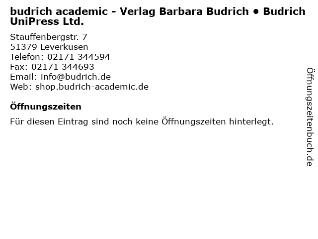 budrich academic - Verlag Barbara Budrich • Budrich UniPress Ltd. in Leverkusen: Adresse und Öffnungszeiten