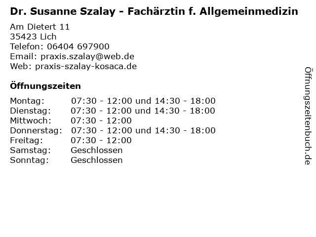 Dr. Susanne Szalay - Fachärztin f. Allgemeinmedizin in Lich: Adresse und Öffnungszeiten