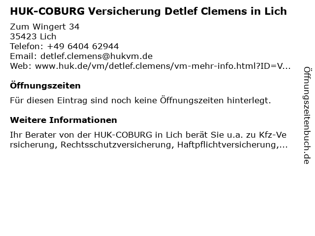 HUK-COBURG Versicherung Detlef Clemens in Lich in Lich: Adresse und Öffnungszeiten