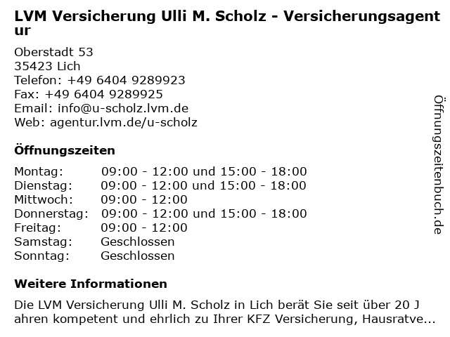 LVM Versicherung Ulli M. Scholz - Versicherungsagentur in Lich: Adresse und Öffnungszeiten