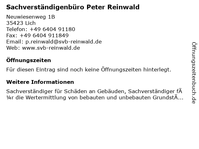 Sachverständigenbüro Peter Reinwald in Lich: Adresse und Öffnungszeiten