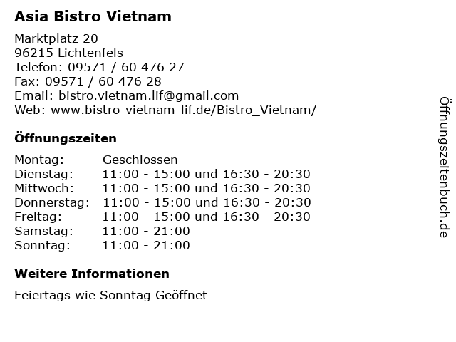 Asia Bistro Vietnam in Lichtenfels: Adresse und Öffnungszeiten
