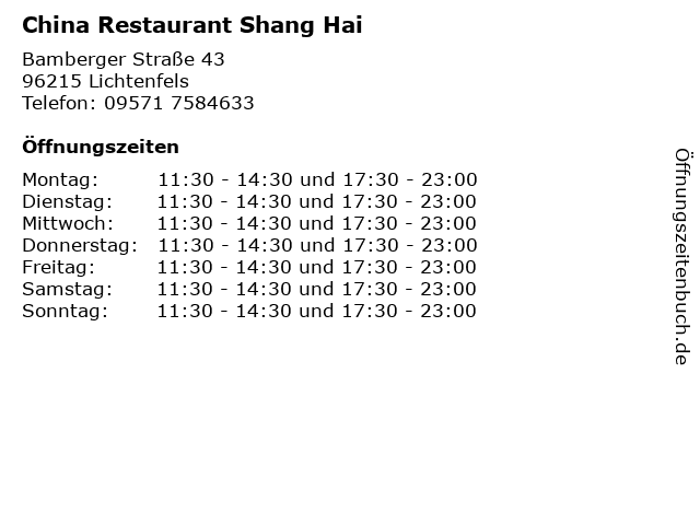 China Restaurant Shang Hai in Lichtenfels: Adresse und Öffnungszeiten