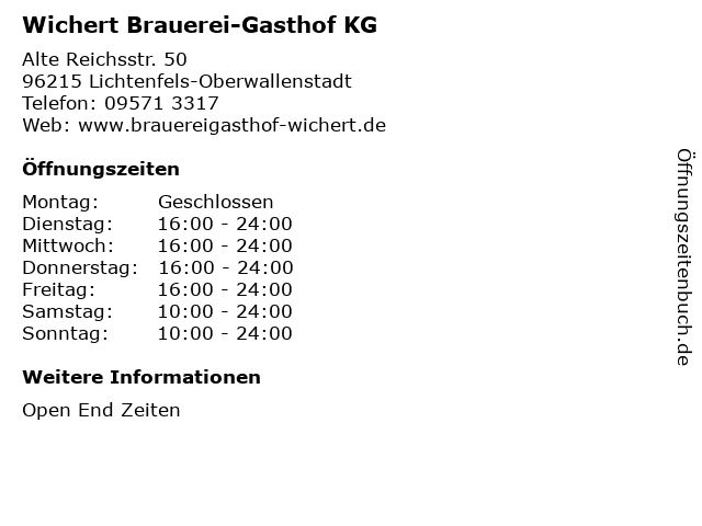 Wichert Brauerei-Gasthof KG in Lichtenfels-Oberwallenstadt: Adresse und Öffnungszeiten