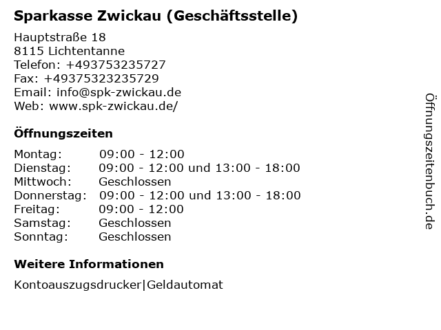 Sparkasse Zwickau (Geschäftsstelle) in Lichtentanne: Adresse und Öffnungszeiten