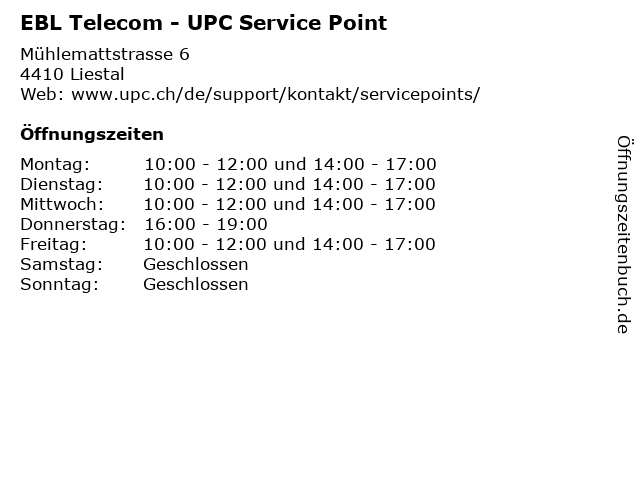 EBL Telecom - UPC Service Point in Liestal: Adresse und Öffnungszeiten